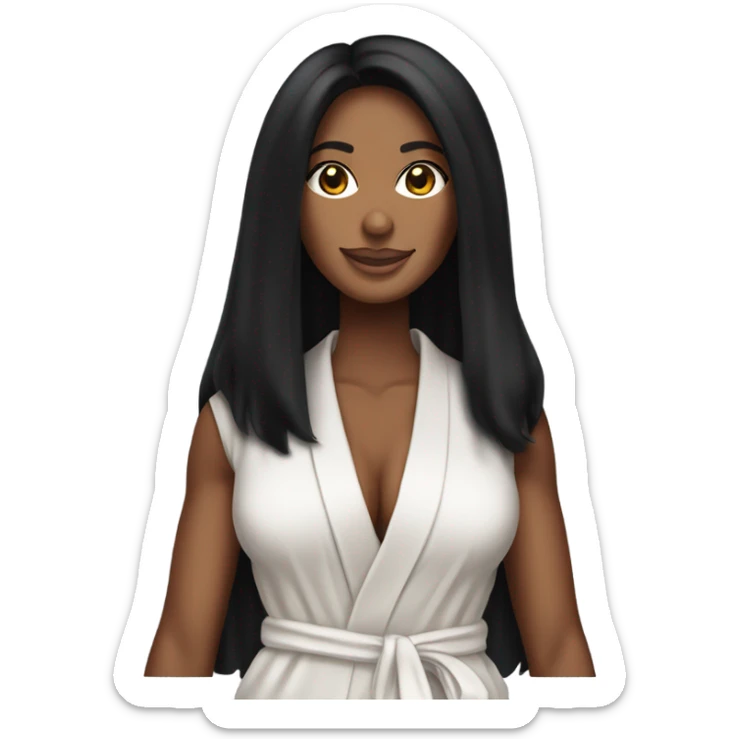 Tanned woman with long black hair wearing a Victoria’s Secret robe sticker