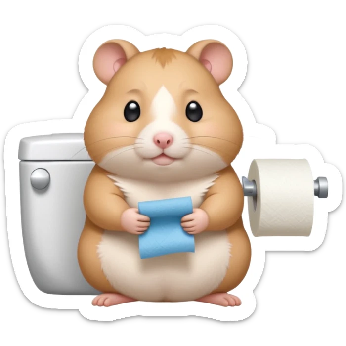 Cute chubby cartoon-style hamster holding toilet paper sitting on toilet looking as if he had an accident, sticker-style illustration sticker