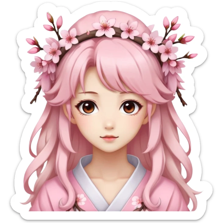 A Gorgeous Beautiful Anime Lady with a Sakura Cherry Blossom Headdress and Pretty Hair, pastelcore aesthetic  sticker