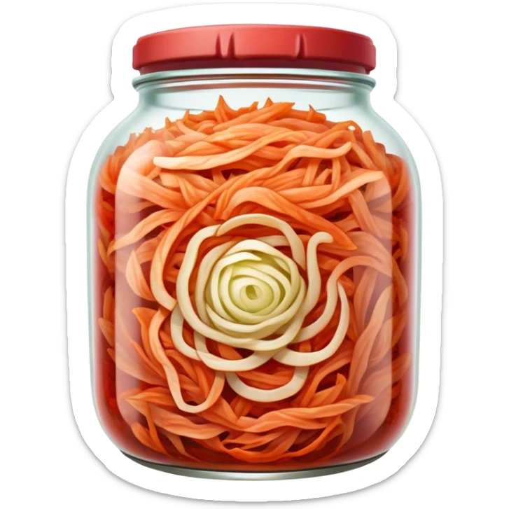 Shredded Kimchi Cinematic Realistic Kimchi Dish Emoji, depicted as spicy, fermented cabbage with vibrant red hues neatly served in a traditional jar, rendered with dynamic textures and bold, appetizing lighting. sticker
