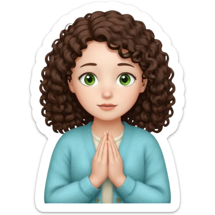 young girl in cozy cardigan milky blue tones, green eyes, freckles, plump lips, dark brown curly hair below shoulders, hands folded in prayer or gratitude, looking forward, emoji style sticker