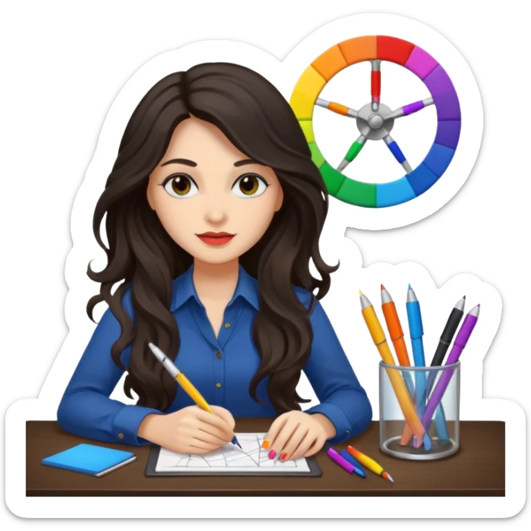 female dark wavy long hair graphic designer , color wheel, pens, papers , desktop sticker