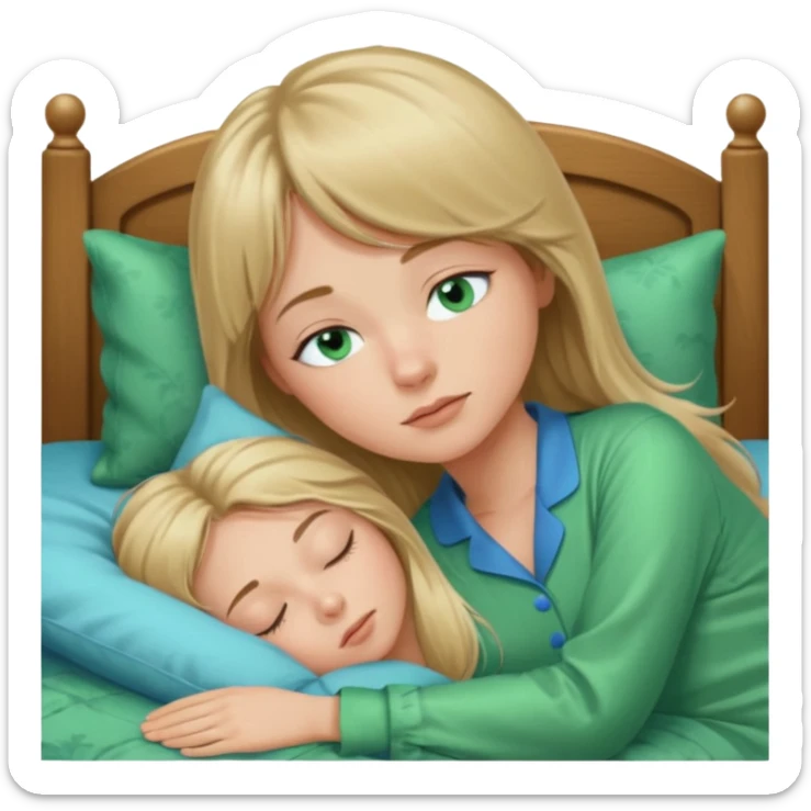 Woman with blue eyes and long dark blond hair and a bang, sleeping in bed  with green pyjama sticker