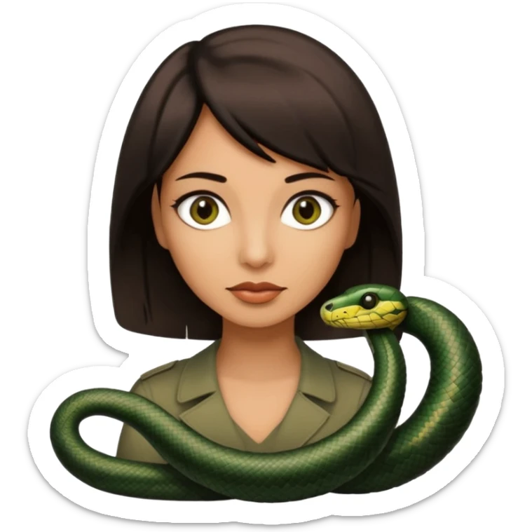 Femme brune yeux marron avec une coupe carré noir , femme couleur de peau typé, avec un cobra a côté , sticker