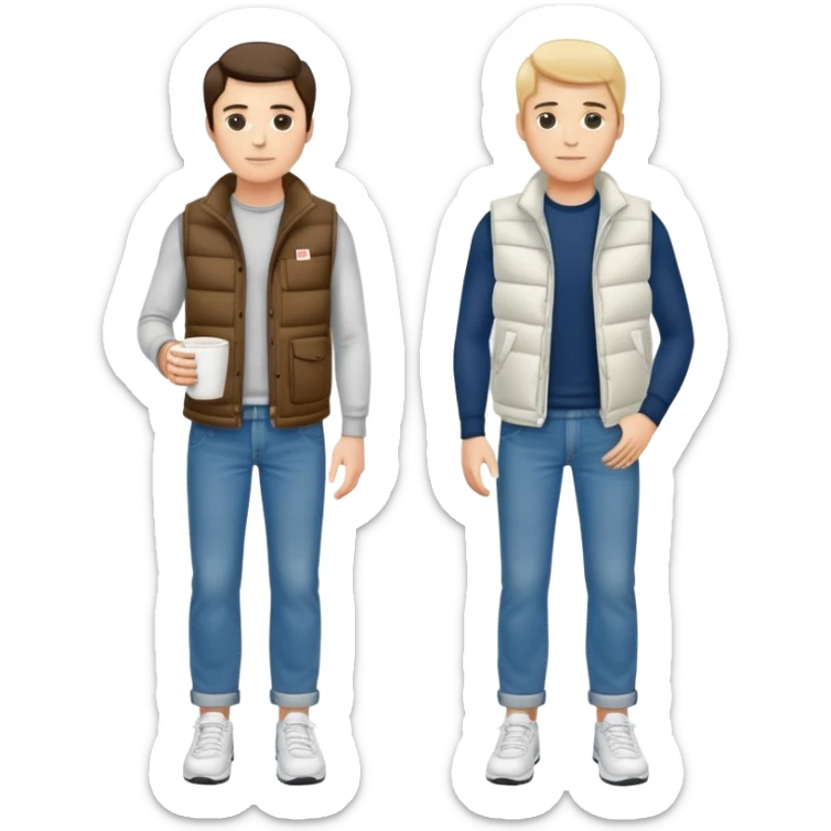 full body man with plain puffy vest with no pockets over long sleeved shirt wearing straight levi boyfriend style blue jeans and tennis shoes holding coffee mug in his hand sticker