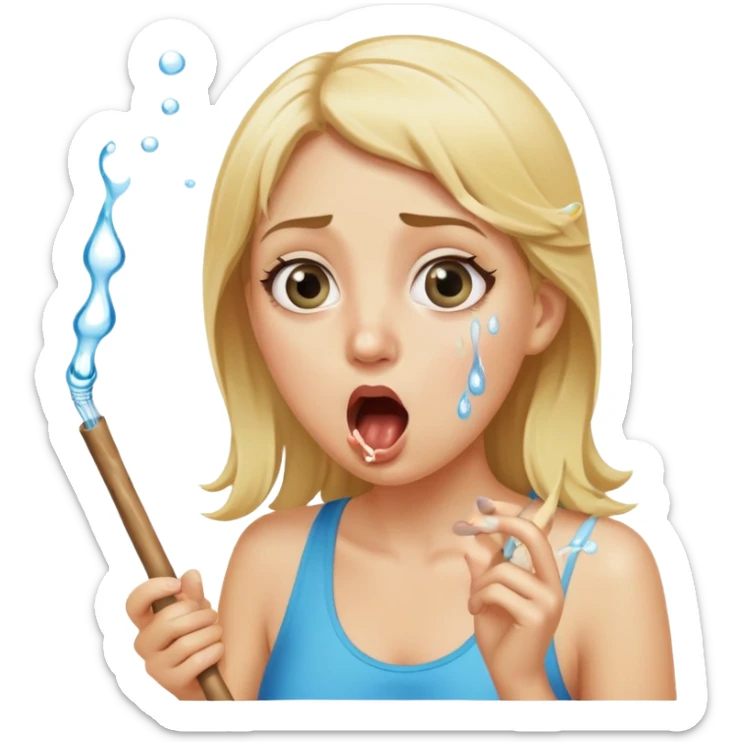 blond woman with wide eyes, holding a skin-colored stick, water squirting from the stick into her mouth, shocked face sticker