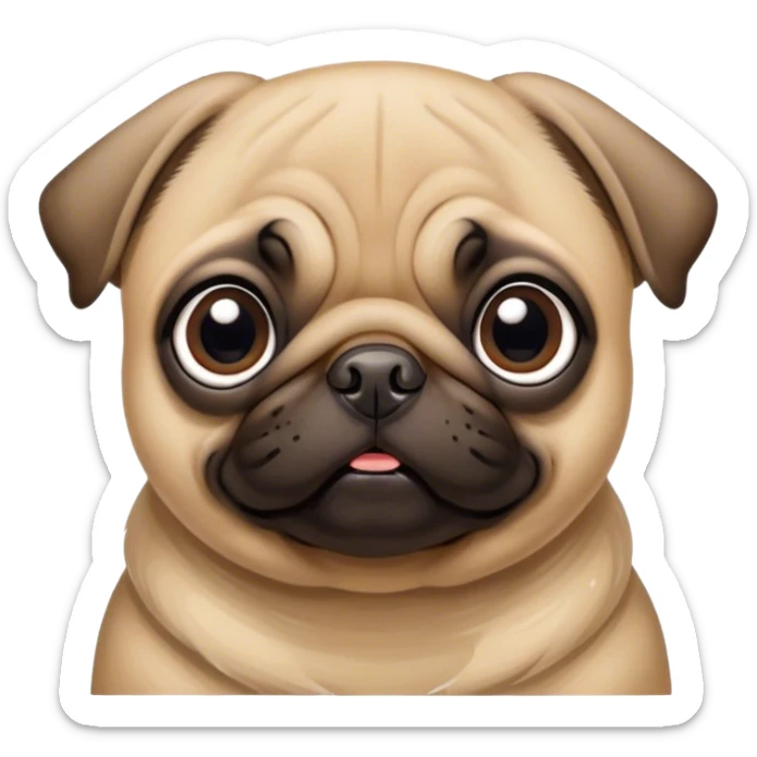 Cinematic Cute Fawn Pug Portrait Emoji, Head tilted playfully and inquisitively, featuring a smooth fawn coat with a subtle sheen, round, sparkling dark eyes filled with curiosity, Simplified yet irresistibly adorable features, highly detailed, glowing with a warm, friendly glow, high shine, affectionate and lively, stylized with a touch of whimsy, bright and endearing, soft glowing outline, capturing the essence of a mischievous yet loving pup, so playful it feels like it could bounce out of the screen and into your arms! sticker