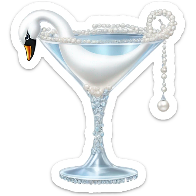 A martini with a swan and a bow and pearls draping from the glass and diamonds sticker