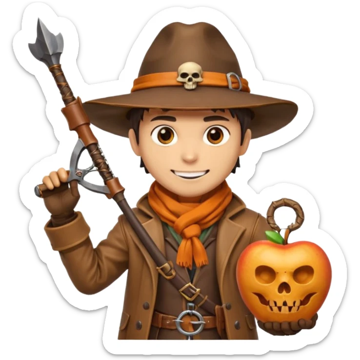male human monster hunter emoji, wearing brown leather coat and wide hat, holding crossbow, with amulet shaped like skull, Halloween fantasy theme, confident smile, orange scarf, Apple emoji style, clean white background, square image sticker