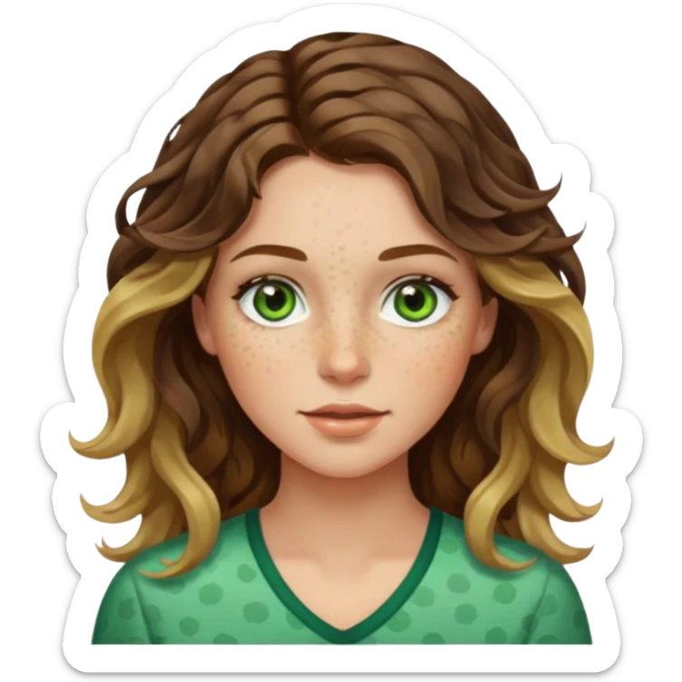 Brunette with blonde highlights, wavy hair, freckles, and green eyes sticker
