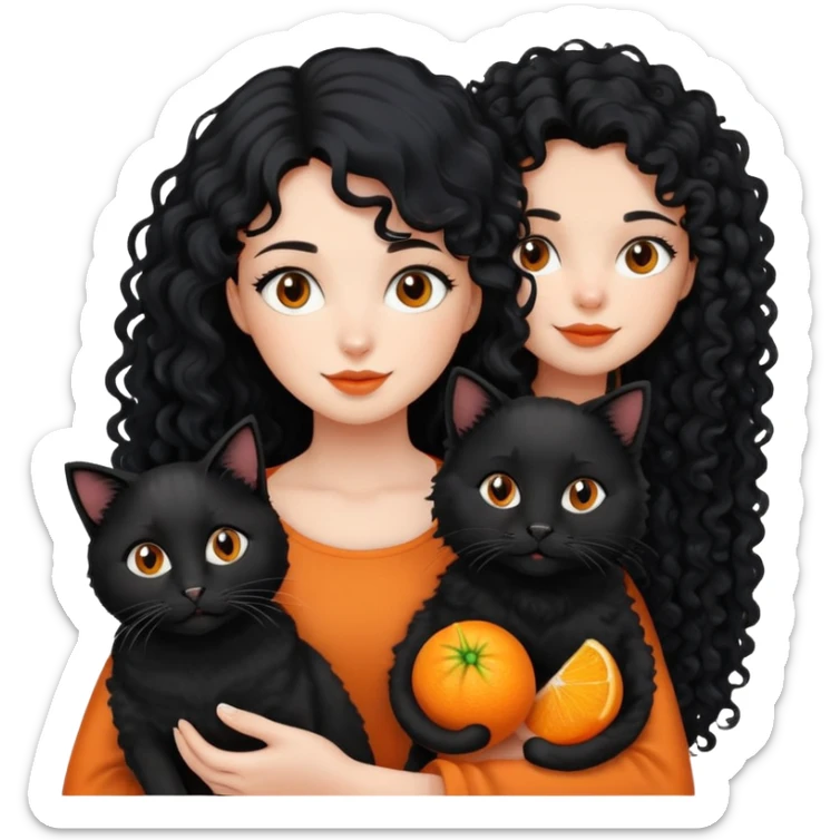 A girl with long black hair is holding a black cat, an orange cat and a curly-haired dog sticker