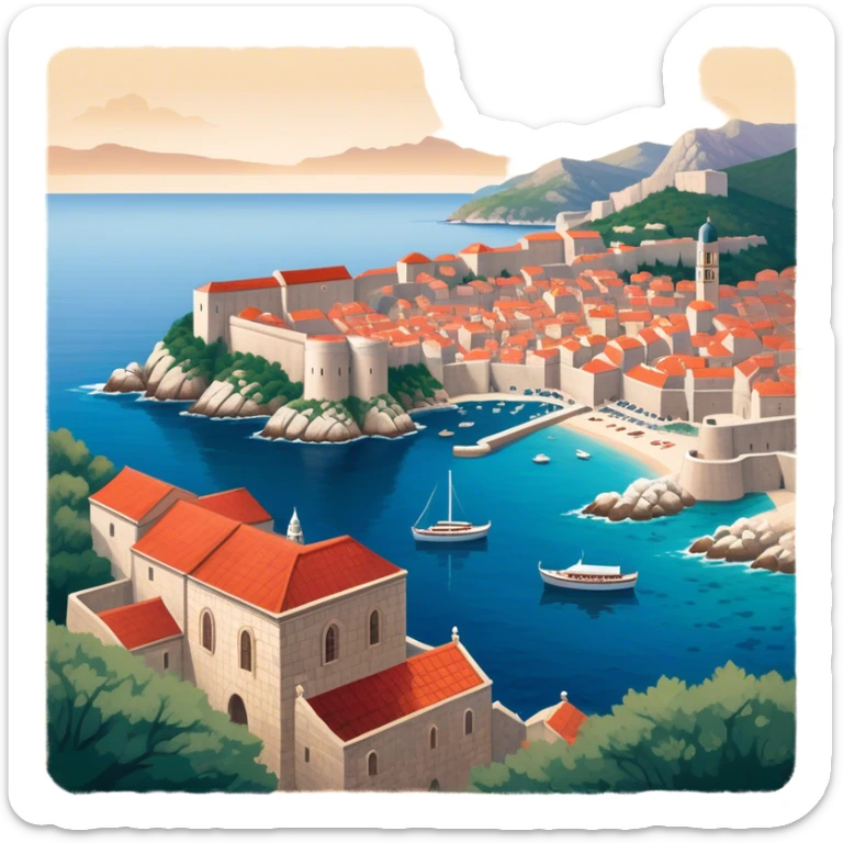 Cinematic Realistic aerial view of the historic city of Dubrovnik, showcasing its iconic red-roofed architecture, fortified walls, and sparkling Adriatic coastline, rendered with rich textures and warm Mediterranean lighting that captures its old-world charm. sticker