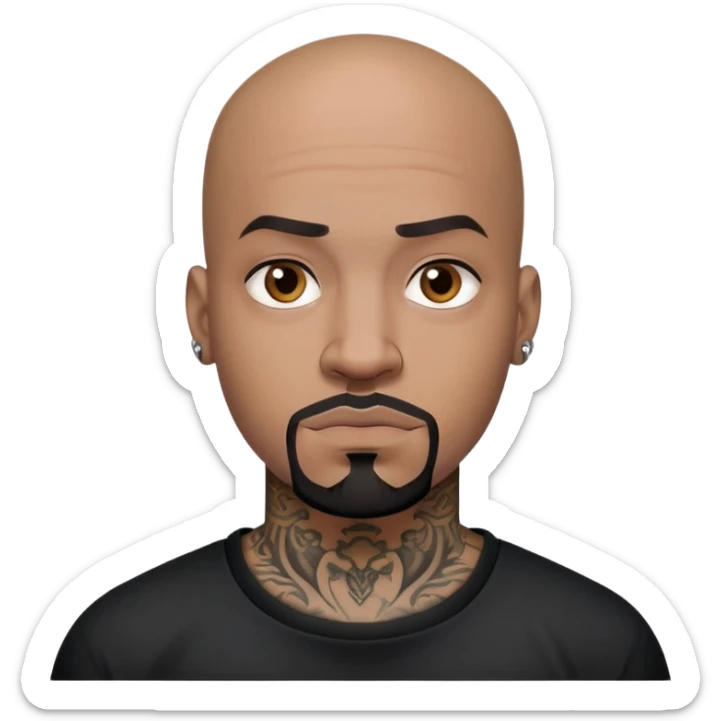đàn ông 30 tuổi, da đen, đầu trọc, râu quai nón đen, có hình xăm trên mặt, áo đen, mặt nghiêm túc sticker