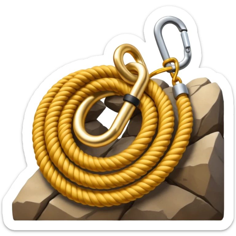 A 3D cartoon coiled climbing rope with a carabiner, golden color, resting on a rocky surface, realistic soft shadows, Memoji-style rendering. negative : Flag. sticker