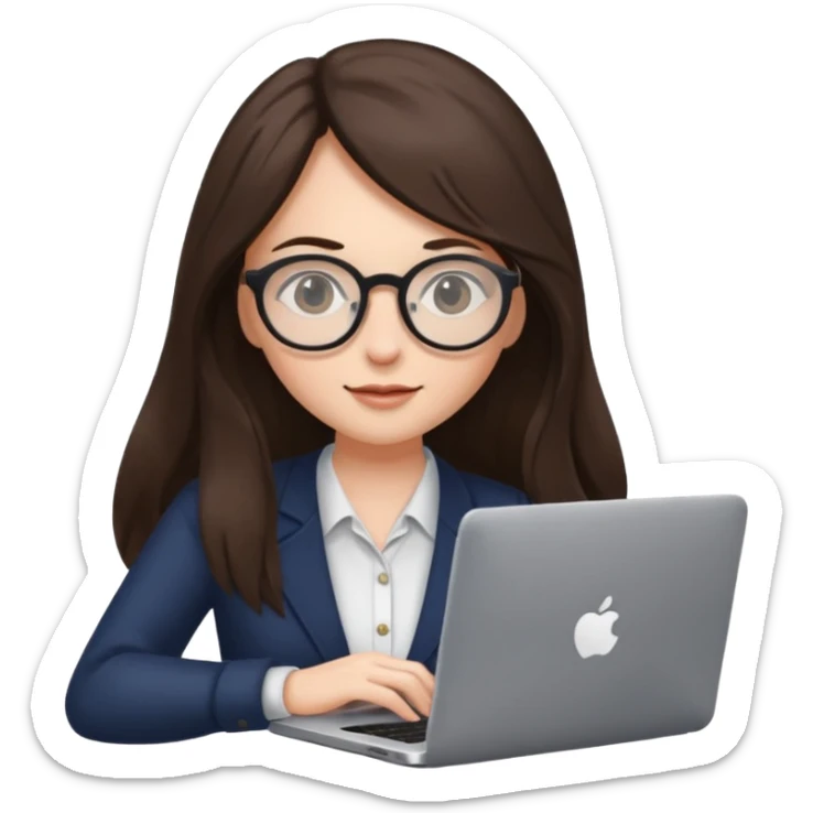 brunette woman with long hair and round glasses, typing on a laptop sticker