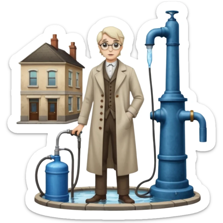 A victorian doctor with a street water pump in a dirty street sticker