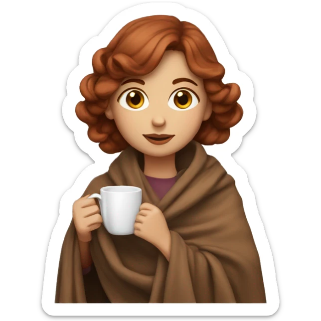 girl with reddish brown hair and brown eyes with blanket wrapped about shoulders and sipping tea sticker