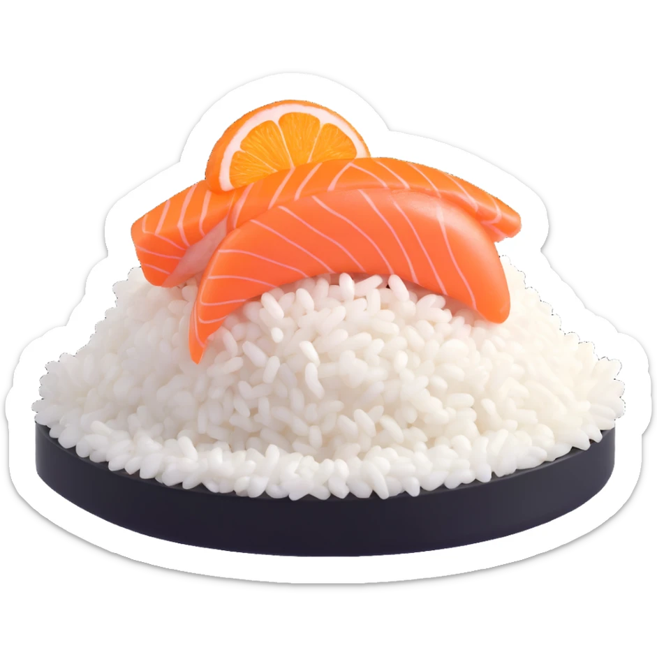 a piece of sushi with orange fish salmon on top of white rice, 3D style, realistic, detailed, natural texture sticker