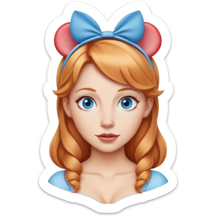 Strawberry blonde woman with blue eyes wearing round Disney ears on head sticker