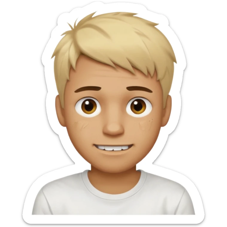 Male with short, messy blonde hair, large expressive golden-brown eyes, brown skin, subtle facial bruises and scratches, crooked smile showing slightly damaged teeth, wearing a plain white t-shirt. sticker