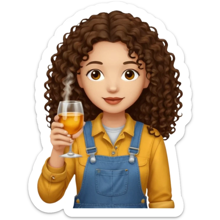 Curly haired curl with long dark brown hair and light skin in overalls toasting with alcohol  sticker