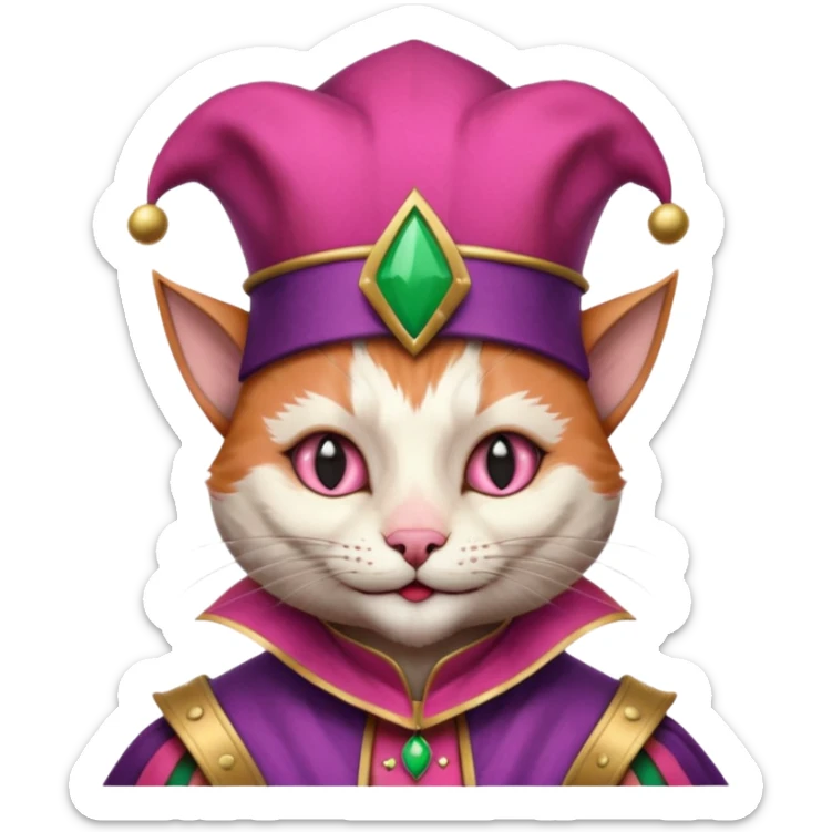 court jester cat medieval, single poker card joker clearly visible, pink, face only, court jester cap sticker