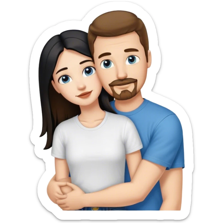 tall white guy with brown hair goatee mustache wearing t-shirt and jeans hugging a shorter white girl with long black hair sticker