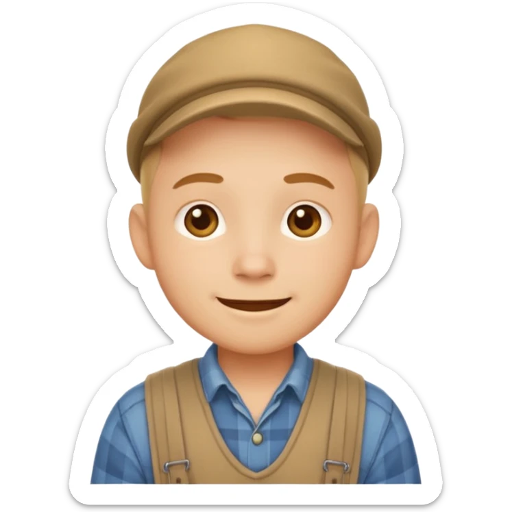 A calm, friendly male cartoon character with light skin, simple farm clothes, warm smile, stylized as a cute, readable emoji icon with soft earthy color sticker