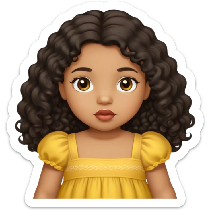 light brown skin tone, very adorable toddler, with big plump lips, long long lashes, black curly hair, middle hair parting, brown eyes, yellow dress sticker