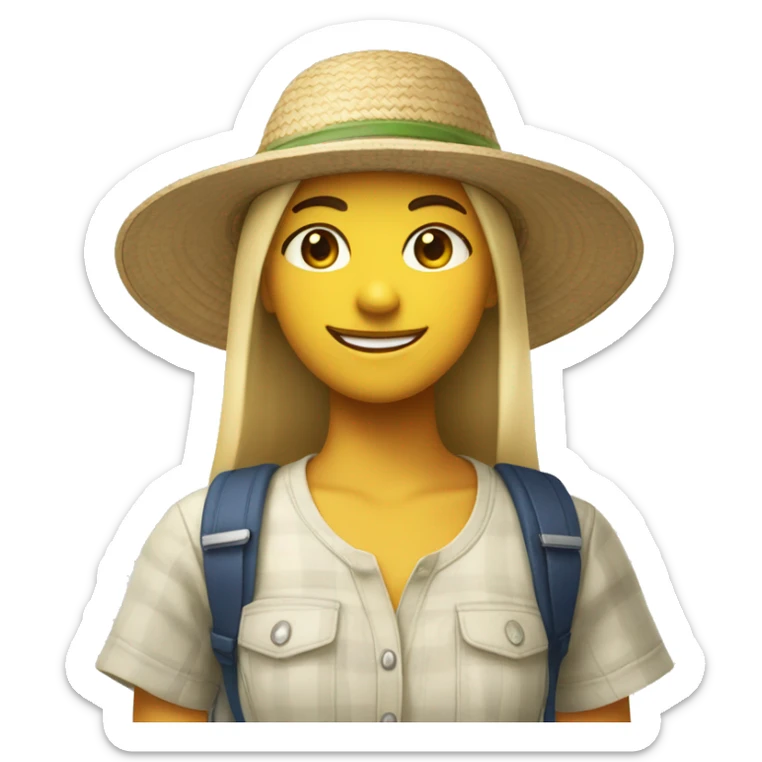 smiling girl in nature she’s wearing a Vietnamese sun hat and a shirt that says ikea sticker