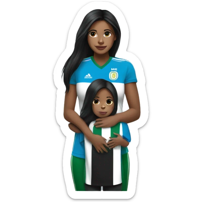 Girl with long black hair wearing a half Argentina half Nigerian jersey holding a baby  sticker