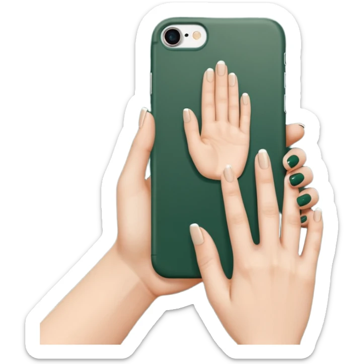 female hand with nude manicure (5 fingers) holding white iPhone in dark green case, back view, minimalism, emoji style sticker