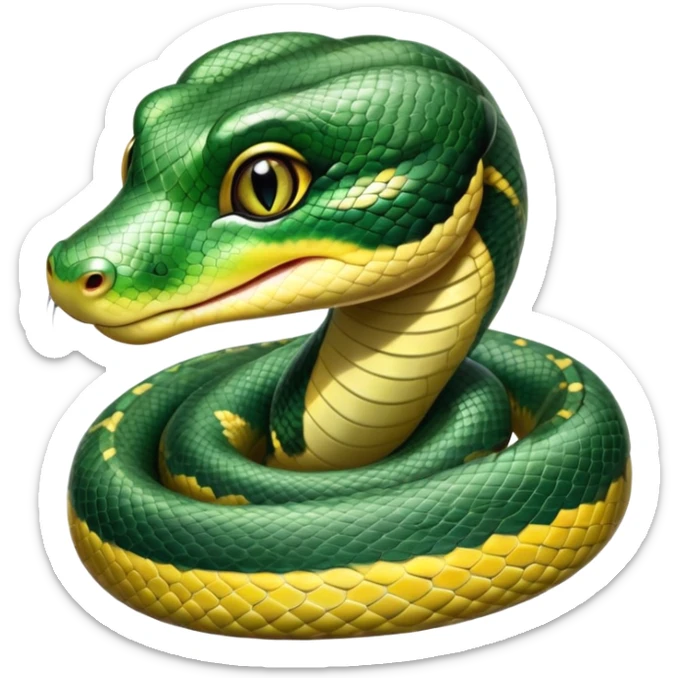 cinematic-cute-Green anaconda-portrait-emoji,-head-tilted-playfully-and-inquisitively,-with-a-sleek,-shimmering-body-adorned-with-detailed-scale-sriped patterns-and-round,-sparkling-eyes-full-of-wonder,-simplified-yet-irresistibly-adorable-features sticker