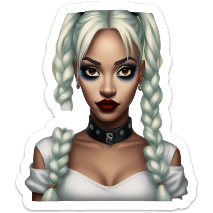 Jasmine Rihanna in Harley Quinn style, oil paint, mysterious eyes, intricate lips, masterpiece portrait, odd perspective, beautiful, desirable, logical sticker