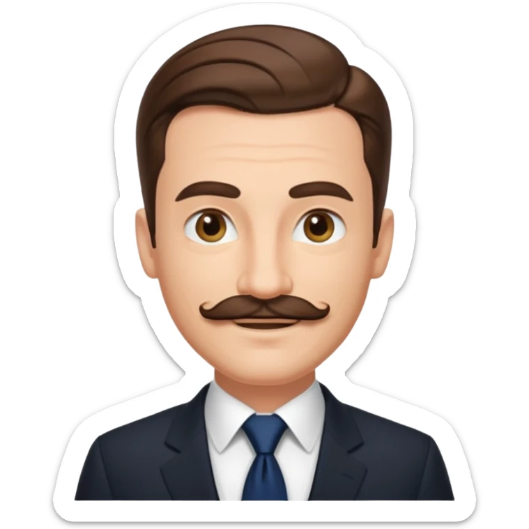 Caucasian gentleman emoji, brown slicked back hair, black suit, navy tie, mustache, smiling sticker