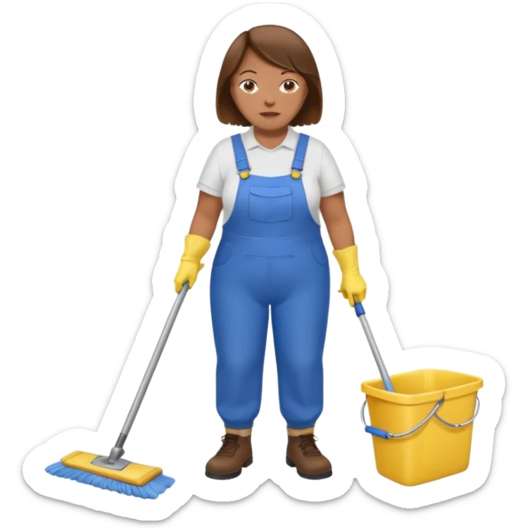 old and fat women, brown hair, Custodian with yellow rubber gloves, white T-shirt, blue overalls, mopping floor sticker