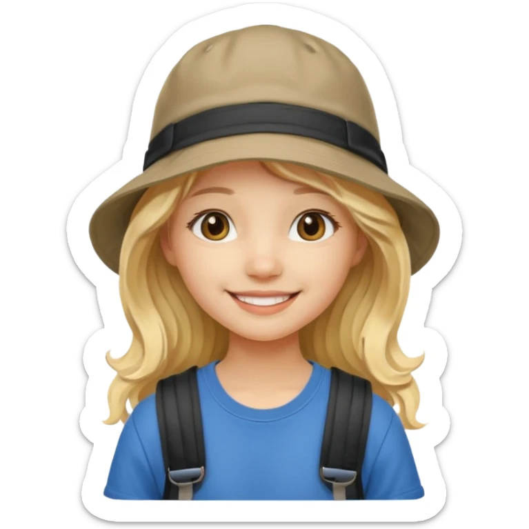a young student girl with the backpack with bucket hat, blonde wavy long hair sticker