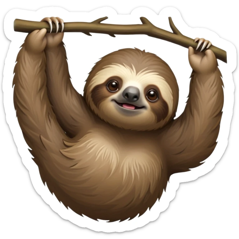 cinematic-sloth-realistic-full-body-hanging-emoji,-long-curved-claws-clinging,-thick-shaggy-brown-fur-slightly-ruffled,-head-tilted-dramatically,-slow-blinking-eyes-filled-with-serene-wisdom,-simplified-yet-realistic-focused-features,-highly-detailed,-glowing-with-an-almost-sarcastic-glow sticker