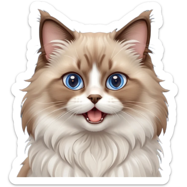 cinematic-adorable-big-eyed-fluffy-brown ragdoll-cat-portrait-emoji,-head-tilted-playfully-with-a-cute,-yawn,-soft-brown-and white-colored-fur-with-darker-points-on-the-ears,-simplified-yet-irresistibly-cute-features, sparkling blue eyes sticker