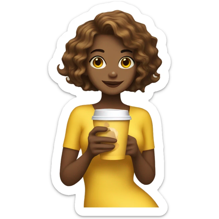 mermaid with a short bob haircut, hair color brown, holding a cup of coffee in a yellow package sticker