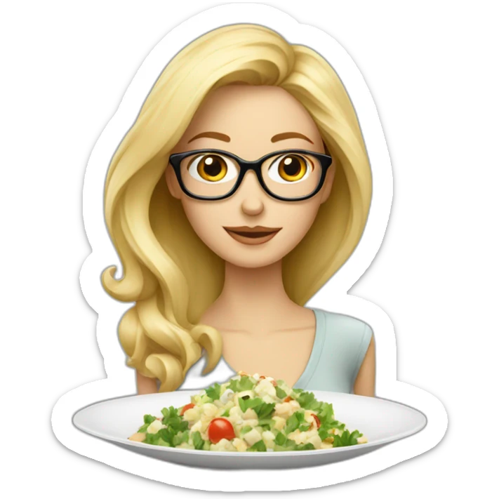 Blonde skinny woman with glasses with a large plate of olivier salad sticker