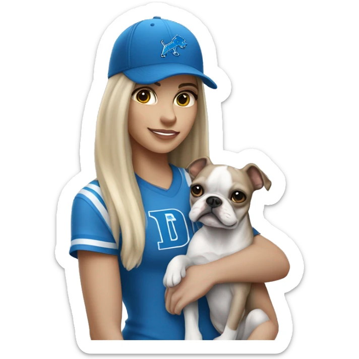A blonde haired girl shoulder langth wearing a Detroit Lions hat and holding in her arms a gray and white Boston terrier sticker