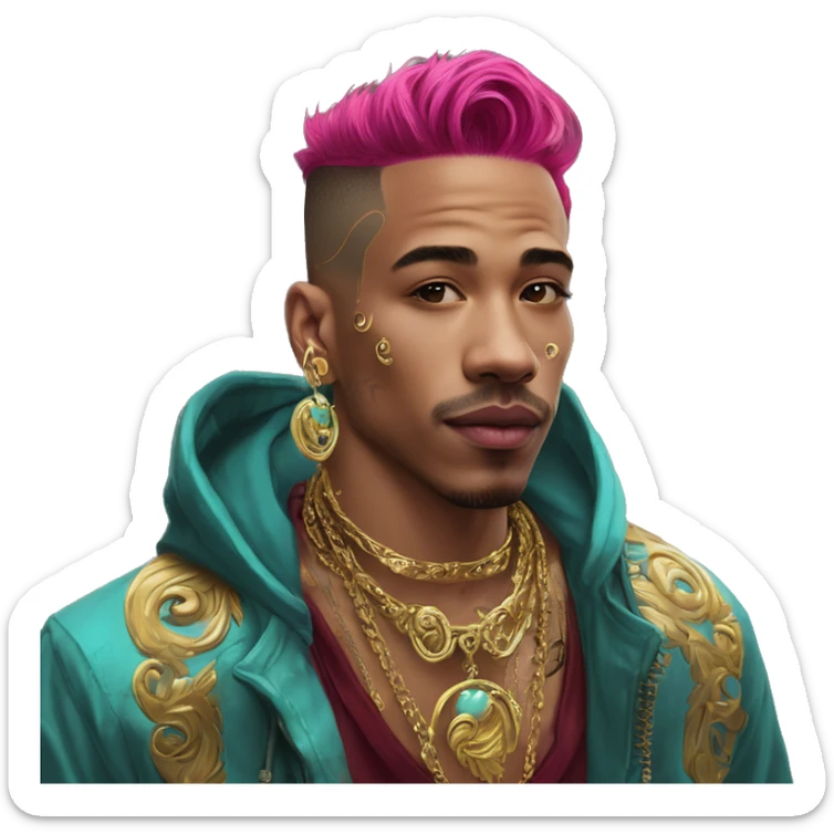 Vintage patina intricate swirls gold jewellery baroque golden raven tropical Deep pink maroon burgundy cyan dark hoodie man vitiligo dyed hair gold piercings nose piercing ear piercings sticker