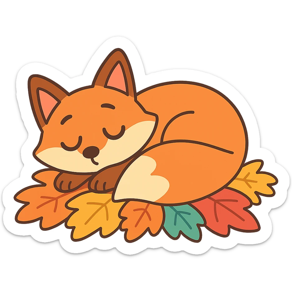 sleepy fox curled up on a pile of autumn leaves, pastel-toon style sticker