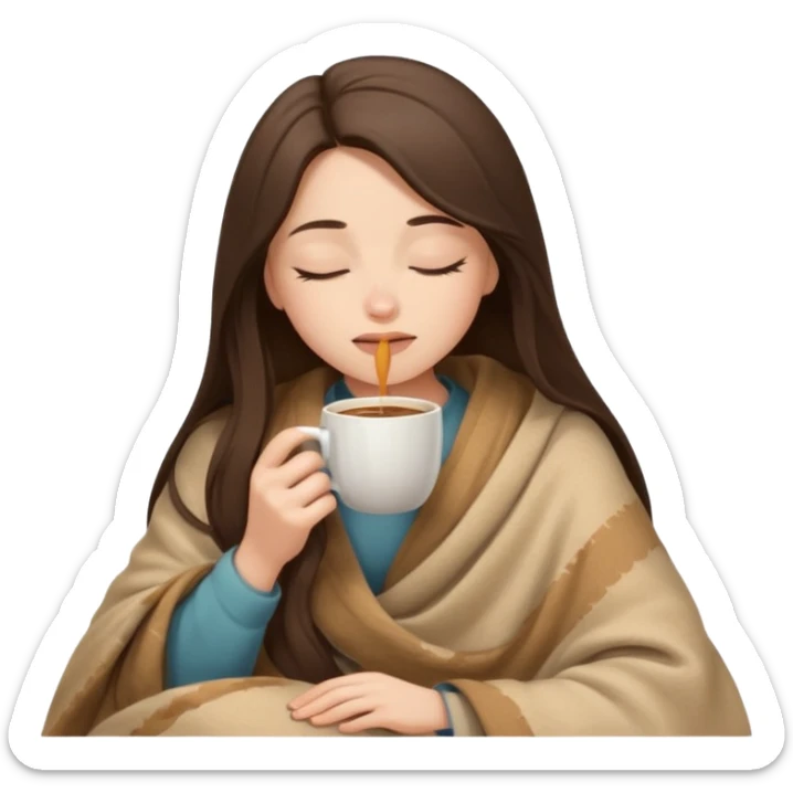 Brunette girl long hair inside a beige blanket sipping coffee eyes closed sticker