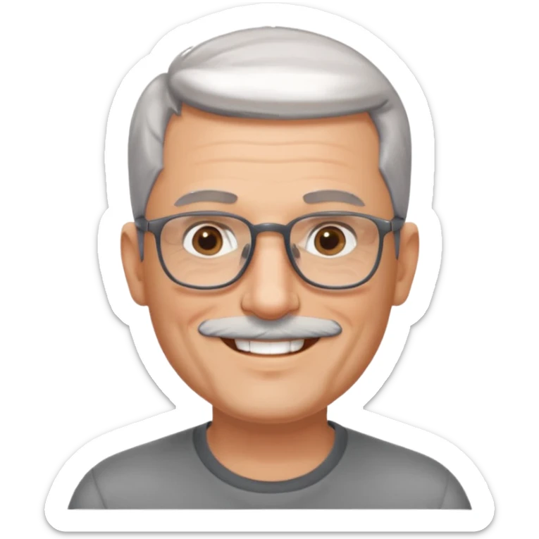 54 year old man, short shaved grey hair, full short, shaved beard stubble, glasses sticker