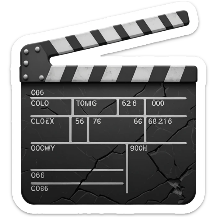 Minimalist emoji-style sticker of a cracked movie clapperboard with the date “06/06/66”, faint scorched marks, all in grayscale


 sticker
