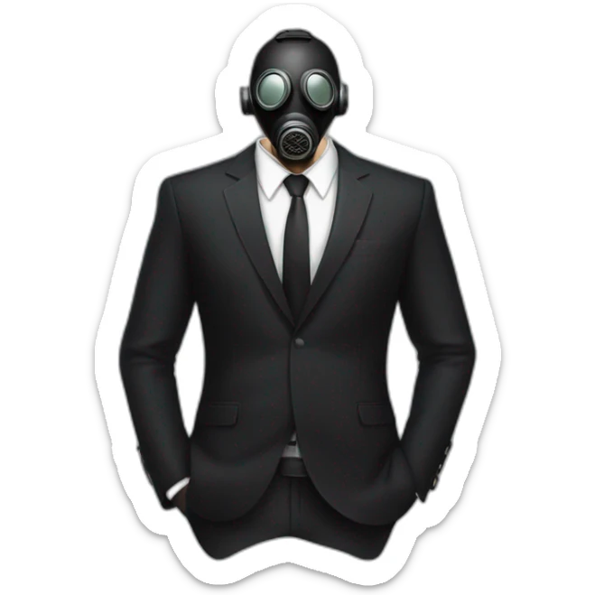 Poker face man, black hair and black gas mask on and black pant suit sticker