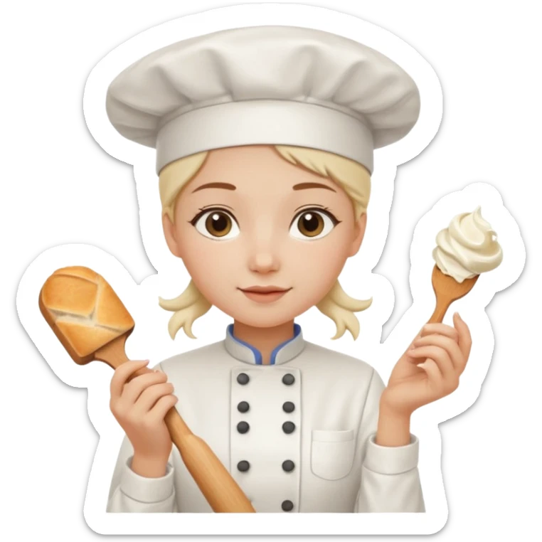 Young female baker - white chef hat, holding cream piping bag to milk oil on bread sticker