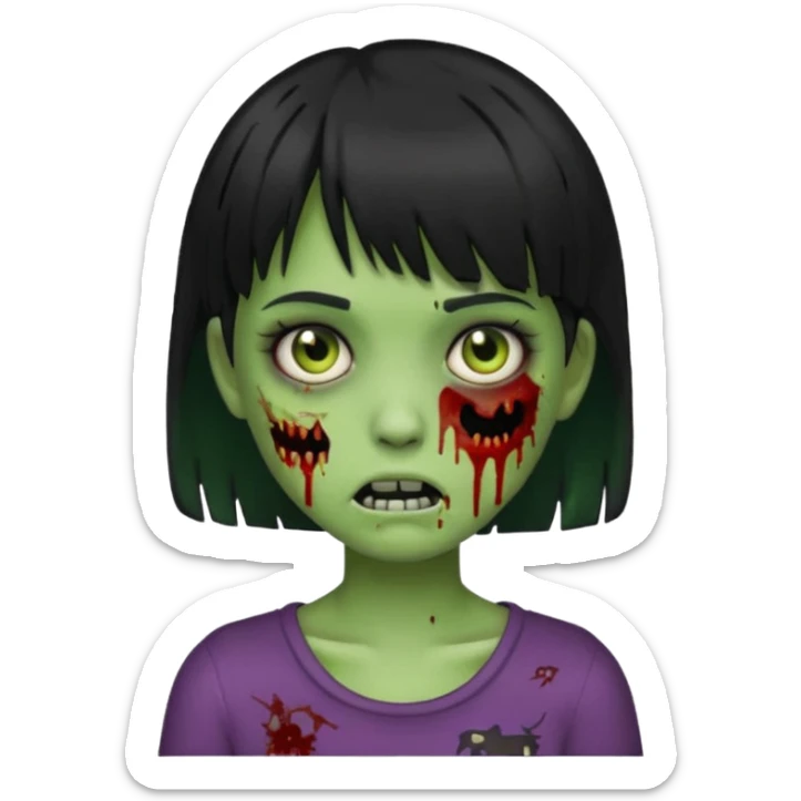 emoji, garota zumbi, estilo iphone, verde, com cabelo curto, preto, com franja, machucados pelo rosto, zumbi, com olhos brancos sticker